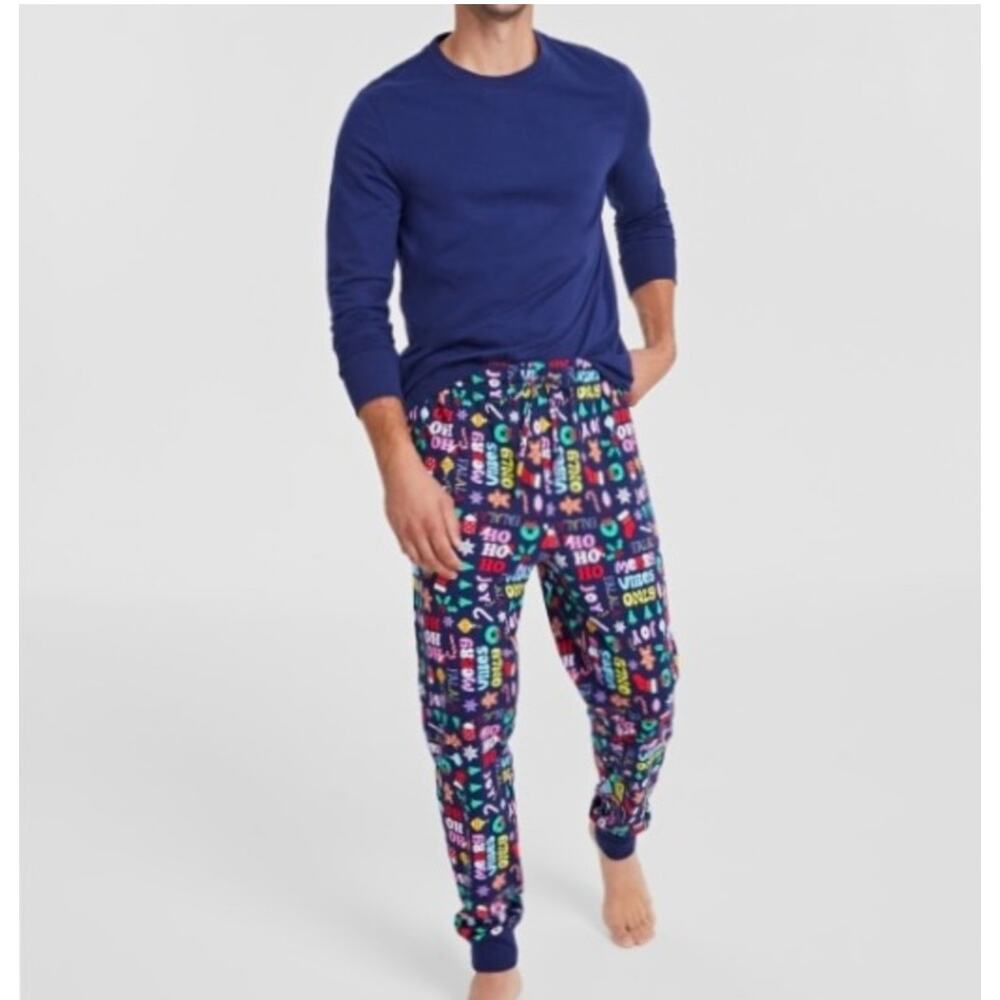 Macys Pajama Set Mens Small Navy Colorful Festive Holiday Lounge Comfy Cozy